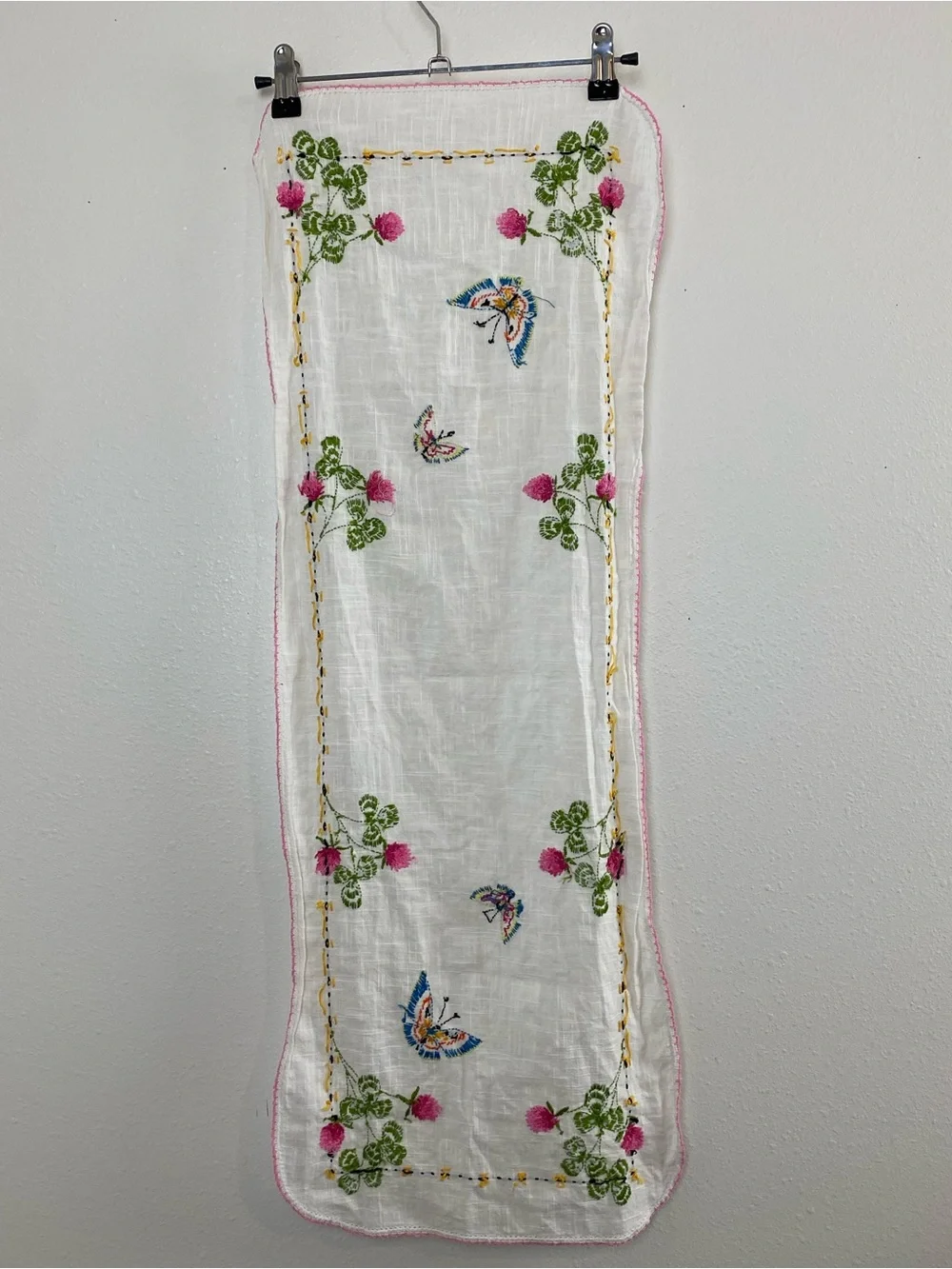 Vintage Embroidered Table Runner with Butterflies & Flowers